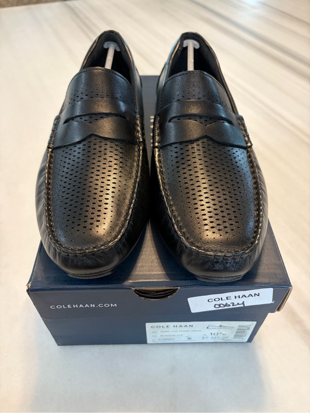 Cole Haan Black Perforated Leather Slip-On Penny Loafers